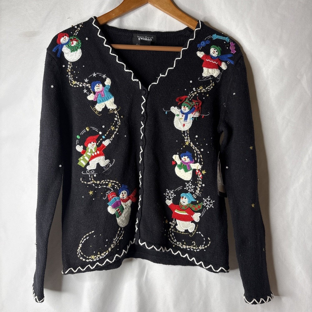 Designer Originals Studio‎ Joy S Christmas Cardigan Sweater Snowman Beaded New